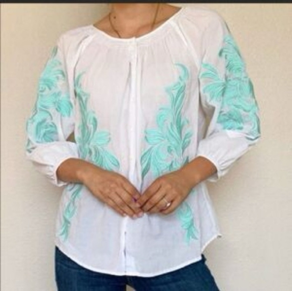 Sundance White 100% Cotton Button- Down Tunic Blouse with Teal Embroidery Size L